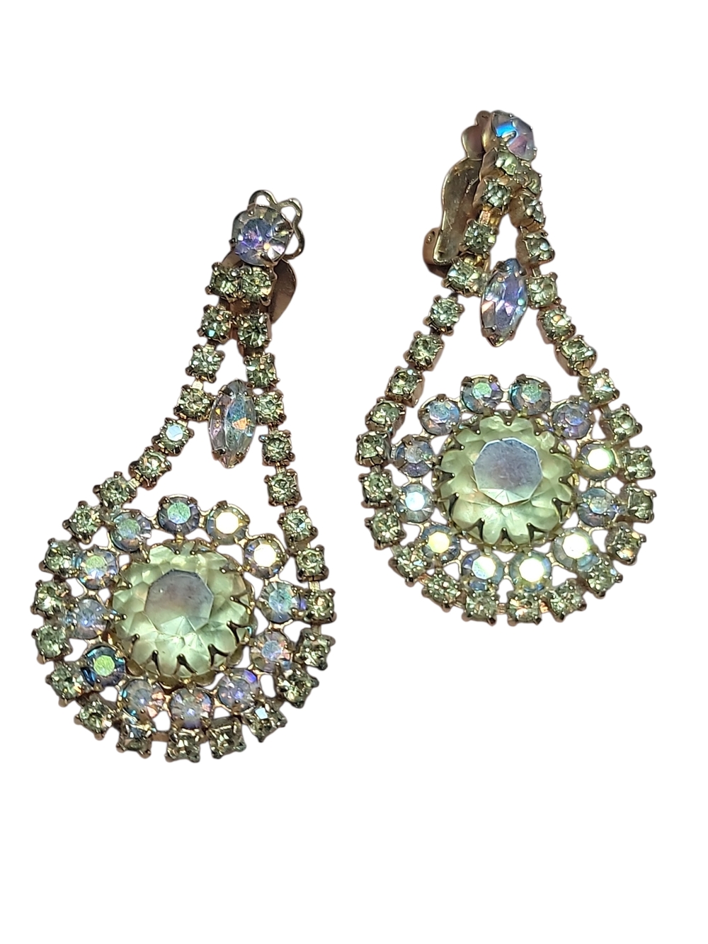 Vintage Designer Rhinestone Earrings Clip On Statement 2.25” Designer Unmarked